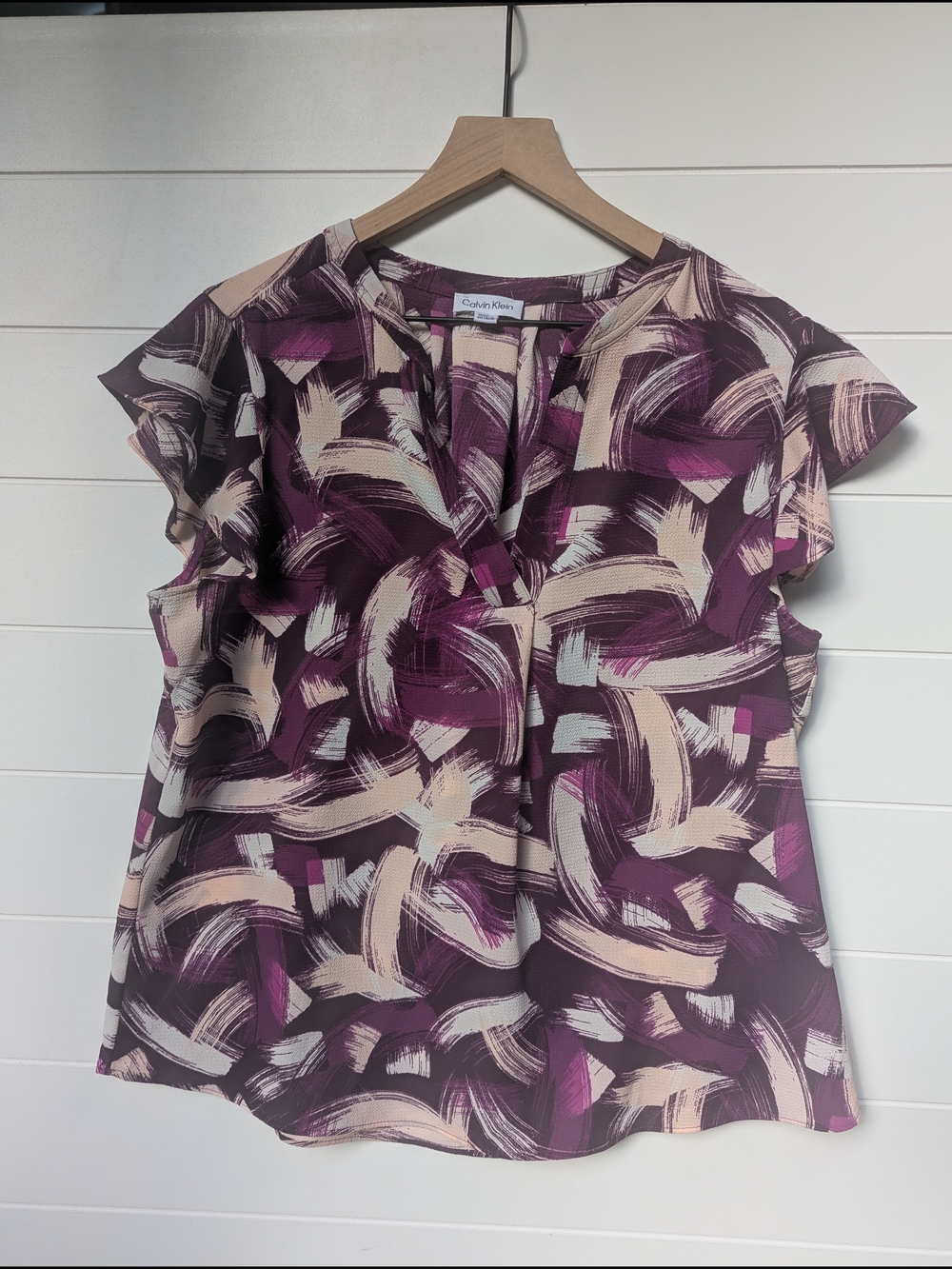 Calvin Klein Plum Brushstroke Flutter Sleeve Top